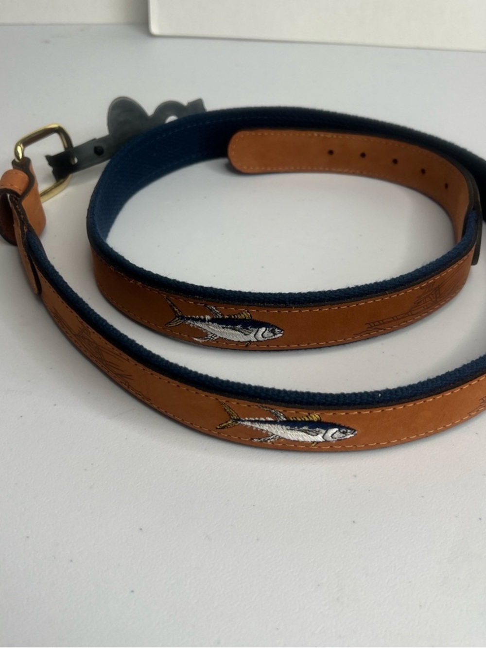 NWOT Zep-Pro Leather/Canvas Belt Size 42 Navy Blue Brown Solid Brass Buckle